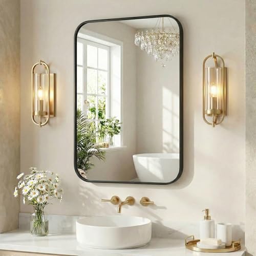 Sweetcrispy Bathroom Mirror, Vanity Mirrors for Wall, 26x38 Inch | Matte Metal Frame, Rounded Rectangle, Over Sink Home Decor, Living Room Bedroom, Black