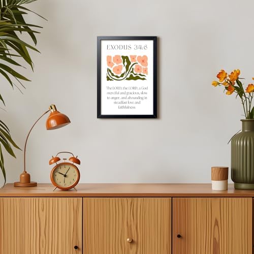 Framed Exodus 34:6 Bible Verse Wall Art, Christian Floral Canvas Wall Decor Painting, Boho Floral Religious Inspirational Scripture Print Poster Picture for Living Room Bedroom Prayer Home Decor 12x16 Inch