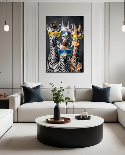Zebra Canvas Wall Art Funny Zebras with Glasses Picture Black Poster Animal Painting Modern Prints Living Room Bedroom Home Office Decor Framed(12.00"x18.00")