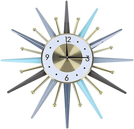 Mid Century Wall Clock, 22.8 Inch Large Metal Clock Starburst Wall Clocks, Home Decor Blue Wall Clock for Living Room/Bedroom/Kitchen