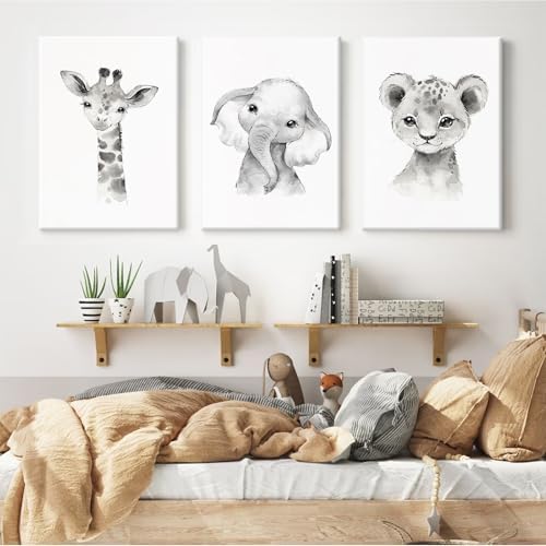 Safari Nursery Wall Art Decor Baby Animal Canvas Wall Art Baby Room Nursery Pictures Kids Artwork Safari Jungle Animal Prints Giraffe Elephant Tiger Painting for Bedroom 16x24x3 Inch Wrapped Canvas