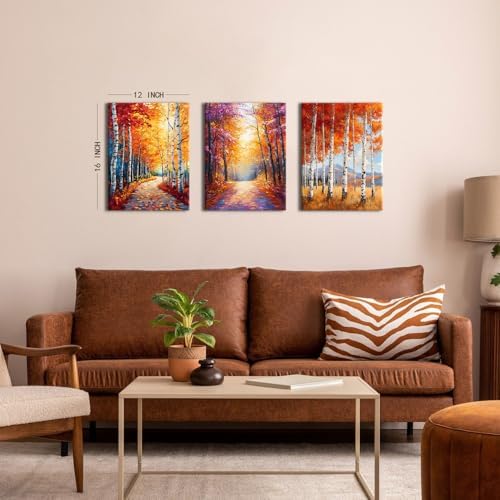 Fall Forest Canvas Wall Art Autumn Forest Wall Decor for Living Room Nature Orange Birch Trees Landscape Picture Oil Paintings Reproduction Artwork for Bedroom Bathroom Home Decoration 12x16" 3Pcs