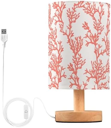 Table Lamp Red Coral Pattern Tropical Ocean Plant Design Nightstand Lamp with Wood Base Fabric Lamp Shade Bedside Desk Lamp for Living Room Bedroom Kids Room Office