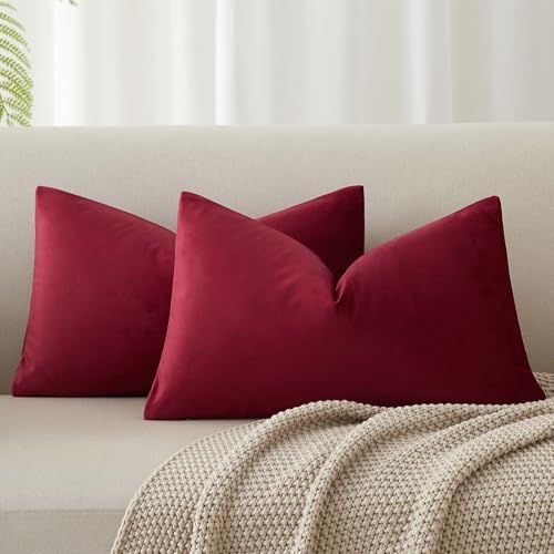 JUSPURBET 12x20 Lumbar Velvet Throw Pillow Covers Set of 2,Burgundy