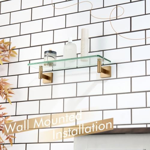 KOKOSIRI Wall Shelves Bathroom Hardware Glass Floating Shelf 16-Inch for Bedroom, Living Room, Kitchen, Hanging Rack Champagne Bronze B1105CPG-L16