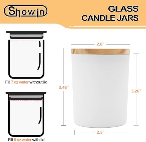 SHOWIN Thick Candle Jars for Making Candles 12 Pcs, 7 OZ Empty Jars with Wood Lids for Candle Making, Sample Container, Matte White