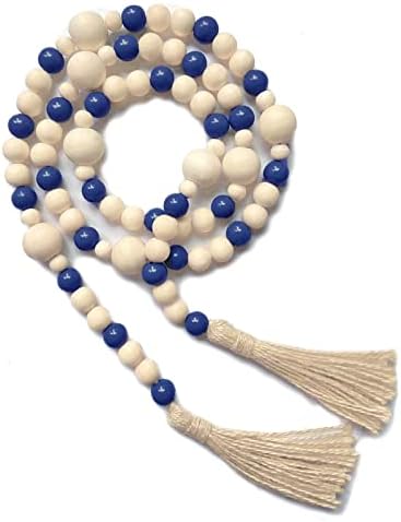 OMISHE Wood Bead Garland with Tassels 61 Inches, Decorative Beads Decor, Boho Farmhouse Wooden Beads Garland for Home Tiered Tray Decor, Navy Blue