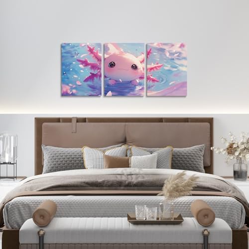 Feelyou Kids Cute Axolotl Canvas Wall Art Living Room Bedroom Cartoon Salamander Picture Wall Decor Girls Princess Wall Painting Posters and Prints Pink Ocean Sealife Bathroom Wall Art 12"x16" 3Pcs