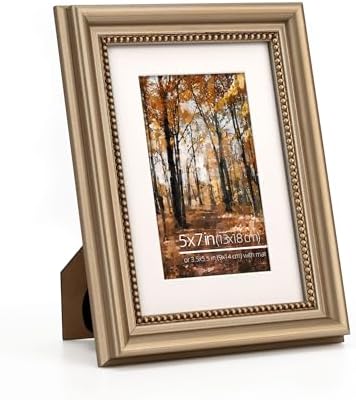 5x7 Wooden Ornate Champagne Brass Picture Frames,Beaded Inner Border, Wall Mount/Table Top, Mat for 4x6 Photos, Set of 2