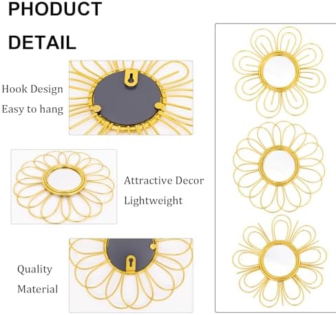 Gold Mirrors 3 Piece, 9 inch Flower-Indoor Shaped Mirror Hanging Wall Decor | Indoor Decorative Mirror Wall Art,Round Mirrors for Bedroom Wall Hanging,Living Room,Bathroom,House Warming Festival Gifts