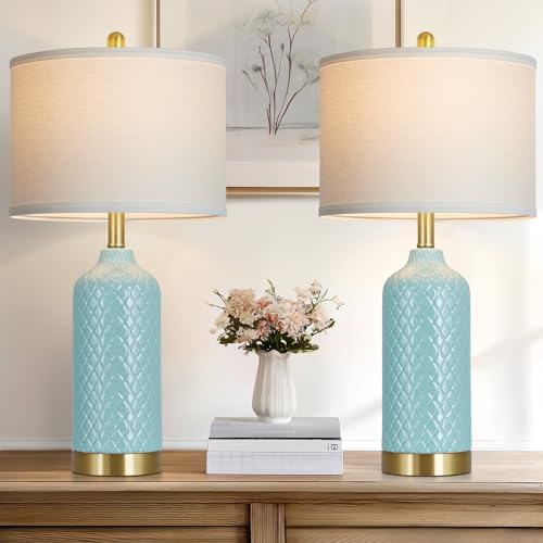 26“ Aqua Blue Ceramic Table Lamps Set of 2, Coastal Ceramic Lamps for Bedroom, Modern Bedside Lamp for Living Room, Elegant Farmhouse Nightstand Lamp for Desk Side End Table Home Decor