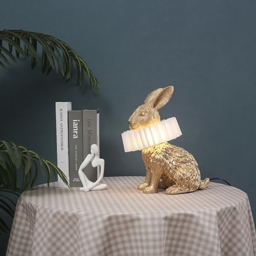 Gold Scarf Bunny Lamp,Resin Crafted Sitting Rabbit Table Lamp,White Pleated PC Lampshade,USB Powered LED Nightstand Lamp,Cute Home Decor & Kids Bedroom Nursery Light