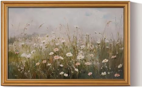 WHASAYART Gold Framed Vintage Wall Art for Living Room Wildflower Field Landscape Decor Aesthetic Gift for Mom Oil Painting Flower Wall Print Floral Pictures Canvas Artwork Shelf Decor 16x24in
