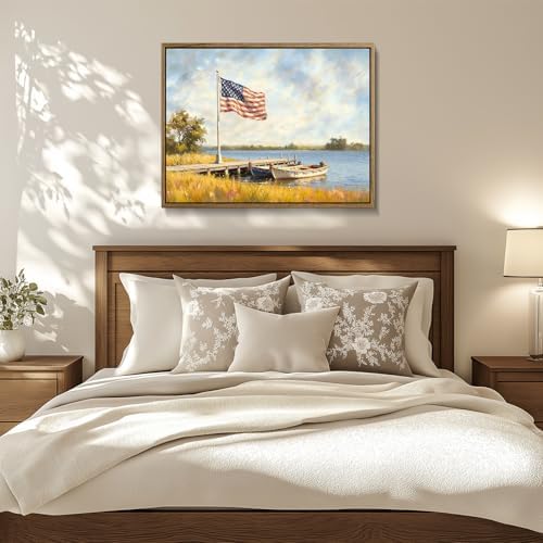 American Flag Framed Canvas Wall Art, 4th of July Patriotic Canvas Prints | USA Flag with Boat Poster Print, Vintage Independence Day Wall Decor for Bedroom Living Room 12×16in