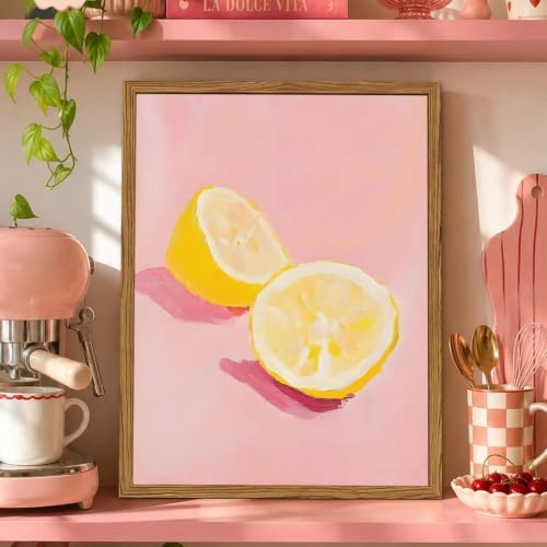 Framed Pink Kitchen Wall Art, Lemon Pictures Wall Decor, Minimalist Dopamine Fruit Paintings Canvas Prints Trendy Preppy Home Decor for Kitchen Dining Room Living Room Dorm 16x24 inch