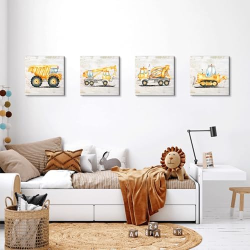Construction Wall Decor for Boys Room Dump Truck Wall Art Tractor Excavator Canvas Pictures Car Poster Watercolor Vehicle Prints Paintings for Toddler Bedroom Nursery Home Decorations 18x18"4Pcs