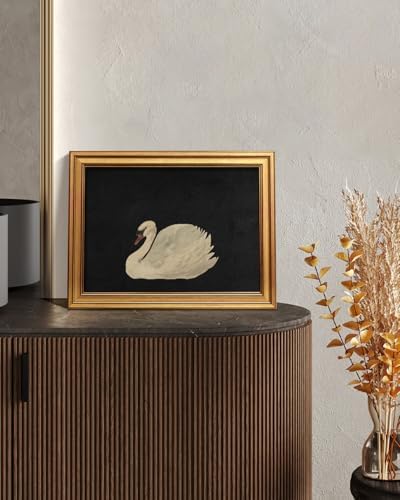 WHASAYART Gold Framed Vintage Wall Art for Living Room, Grace Swan Art Painting Pictures Rustic Animal Bathroom Prints Farmhouse Wall Decor Canvas Swan Shelf Decor for Kitchen Bedroom Zwaan 12"x16"