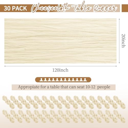 30 Pack Ivory Table Runner 10Ft Cheesecloth Table Runner Boho Gauze Table Runners Romantic Long Sheer Fabric Cream Table Runners for Wedding Party Bridal Shower