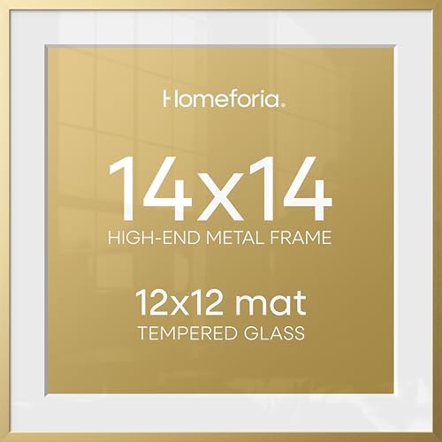 Homeforia 14x14 Gold Picture Frame, High-End Metal, 12x12 Mat, Glass