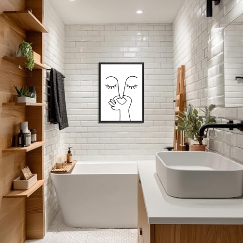 Cyebmo Funny Bathroom Wall Art, Minimalist Black and White Bathroom Picture Wall Decor, Toilet Pinching Nose Art Print for Restroom Guest BathRoom, Wood Framed Ready to Hang 16x24 Inch