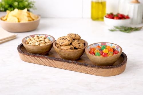 Natural Wooden trays, Serving Bowl for Salad, Veggies and Fruits, Large Deep for Family, Party (Tray - Set of 3 bowl)