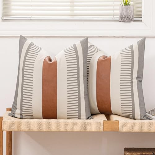 2 Pack 18x18 Inch Pillow Covers - Brown Faux Leather & Gray Stripe Print Soft Cotton Splicing, Same Pattern Both Sides | for Sofa Couch Bed Living Room, Farmhouse Industrial Minimalist Decor