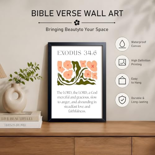 Framed Exodus 34:6 Bible Verse Wall Art, Christian Floral Canvas Wall Decor Painting, Boho Floral Religious Inspirational Scripture Print Poster Picture for Living Room Bedroom Prayer Home Decor 16x24 Inch