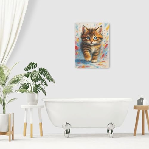 Graffiti Cat Wall Art Cute Cat Painting Canvas Wall Decor Kitten Picture Framed Artwork Decoration Gifts for Lover Women Girl Bathroom Bedroom Kitchen Living Room Office 12"x16"