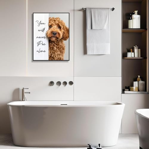 FGQ Framed Funny Dog Bathroom Canvas Wall Art Cute Animal Humorous Goldendoodle Painting Pictures Restroom Wall Decor You Will Never Pee Alone Poster Print Artwork for Toilet Nursery Decor 12x16in