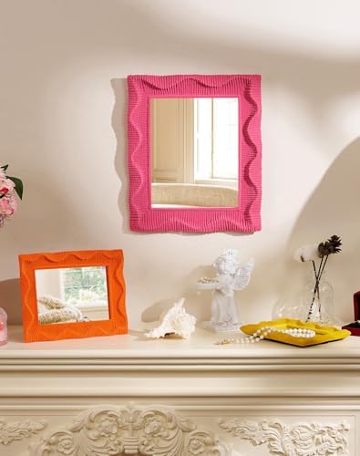Cute Wall Mirror Decor for Girls Bedroom Dressing Room,Rose Pink | 14x12",Soft Velvet-like Touch,As Photo Backdrop,Funky Framed Vanity Mirrors for Hallway Entryway Home Office,Wavy Design