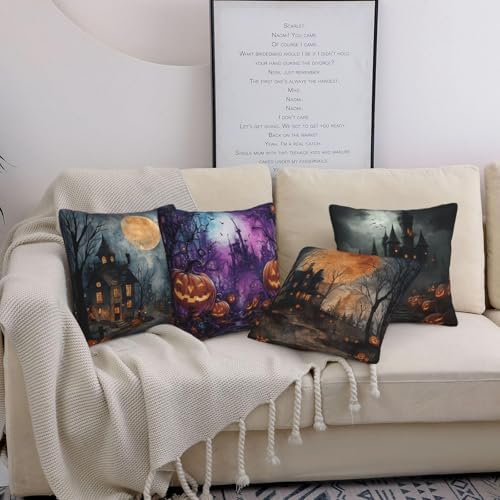 Halloween Horror Castle Throw Pillow Covers Set of 4 Decorative Soft Double Sided Print Pillow Case Farmhouse Home Decor for Living Room Sofa Couch 18x18