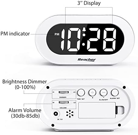 REACHER Small Dimmable LED Digital Alarm Clock with Snooze(White)