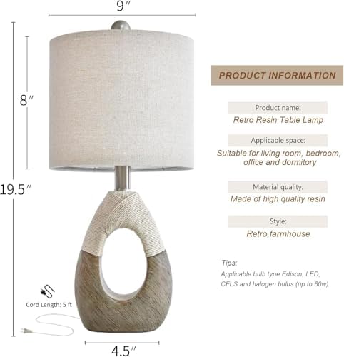 OYEARS 19” Boho Table Lamps Bedroom Living Room Set 2,Suitable for Small Space,Small Farmhouse RattanTable Lamp Rustic Egg Design Resin Light Decoration,Nightstand Bedside Lamps for Office Study Rest
