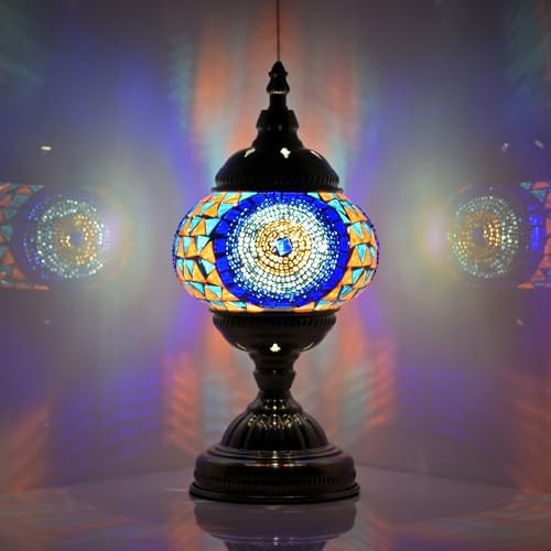 GOGERS Turkish Moroccan Table Lamp Lantern with Handmade Mosaic Glass Lampshade Tiffany Style Bohemian Stained Glass Decorative Desk Lamps Bedside Night Lights for Bedroom (Blue Colorful)