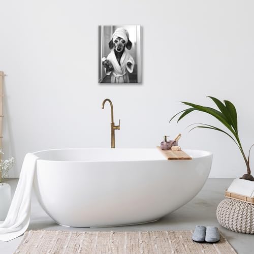 Crekviy Funny Dachshund Bathroom Decor Wall Art Black and White Dog Pictures Cute Weiner Dog Bathrobe Bathing Canvas Prints Painting Artwork Home Decorations Framed Gifts 16"x20"