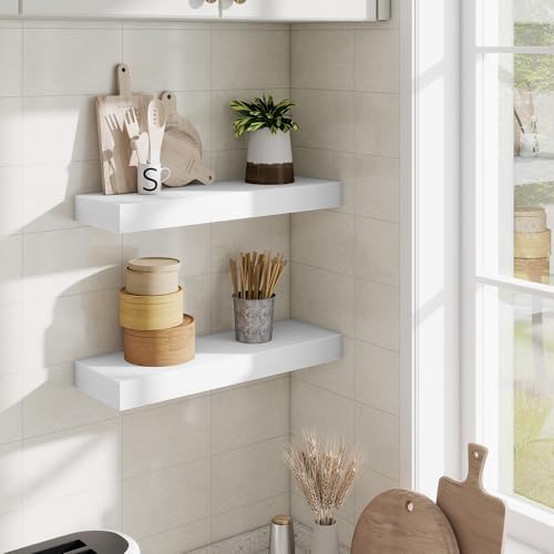 Fun Memories Floating Shelves Bathroom for Wall Mounted Shelves, 20 Inch Wood Shelf Set of 2, Home Storage & Display Decor, White