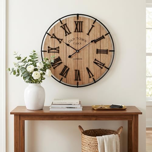 EMAX HOME 24 Inch Large Farmhouse Wall Clock, Natural Wood Grain Face with Black Metal Frame, Silent Non-Ticking Quartz Movement, Vintage Wall Decor for Living Room, Bedroom, Dining Room
