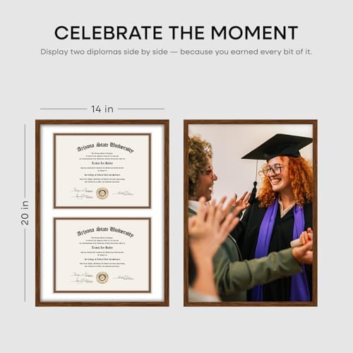 Homeforia 14x20 Brown Oak Diploma Frame, High-End Wood, 8.5x11 Mat, Glass