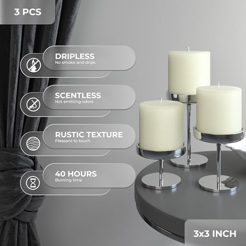 CANDWAX 3x3 Pillar Candles Set of 3 - Rustic Unscented No Drip Ivory Candles for Home Decor, Weddings, Centerpieces