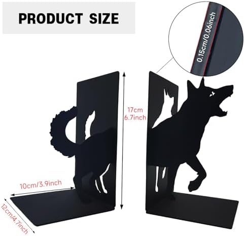 ENCIMART Dog Book Ends Decorative for Shelves, Black Metal Bookend Supports for Heavy Books, Book Stoppers for Home Office Desktop Organizer for Men and Book Lovers Gift