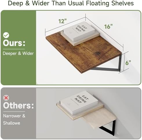 Heimlove 16W x 12D Deep Floating Shelves Set of 4 Rustic Brown