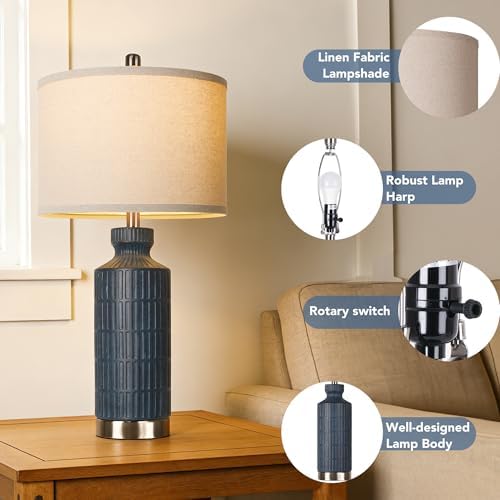 26" Navy Blue Ceramic Table Lamp Set of 2, Modern Desk Lamp, Metal Base