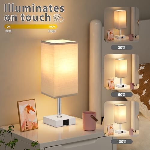Touch Table Lamp for Bedroom - Dimmable, USB C+A, Grey Lamphade White Base