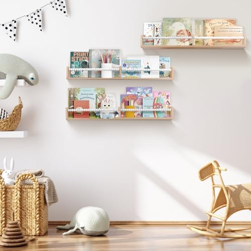 birola Nursery Bookshelf,Set of 3 White Wood Floating Bookshelf for Kids,Nursery Shelves for Wall,Bathroom Decor, Kitchen Spice Rack (White 3)