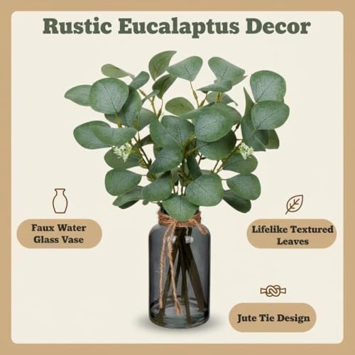 Artificial Eucalyptus Stems Fake Plants in Glass Vase with Faux Water