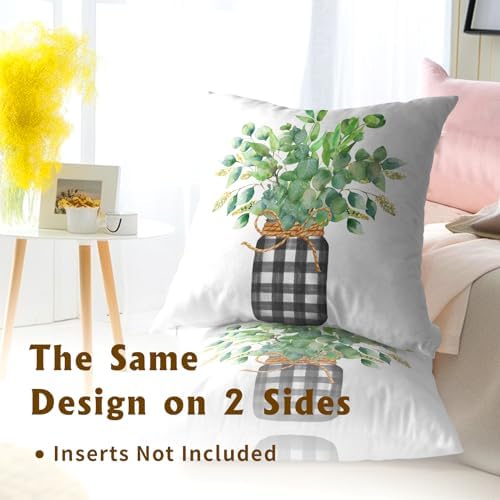 Green Eucalyptus Leaves Pillowcase 18x18 Inch Set of 2 Spring Summer Theme Botanical Print Outdoor Throw Pillow Covers Black White Buffalo Plaid Mason Jar Decorative Cushion Cover for Home Sofa