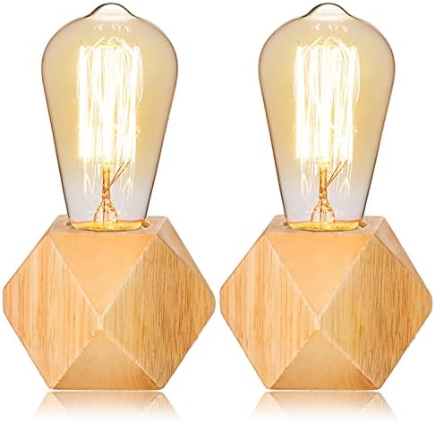 Riakrum 2 Pieces Industrial Wooden Lamp Base E26/ E27 Vintage Desk Lamp with Switch Plug Wood Small Lamp Base Polygon Industrial Night Light Boho Decor for Living Room Bedroom (No Bulb)