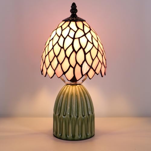 Tiffany Stained Glass Mushroom Table Lamp 12.5 Inch -Pink Leaf