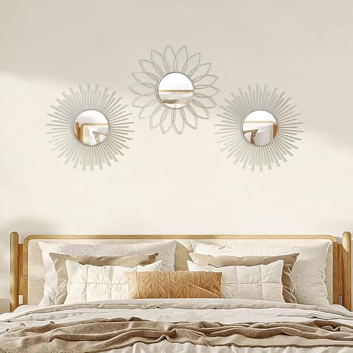 3 Pack Metal Mirrors for Wall Sunburst Wall Mirrors Home Décor Decorative Hanging Wall Art for Living Room Bedroom Entryway (Silver2, Flower+Sunburst)