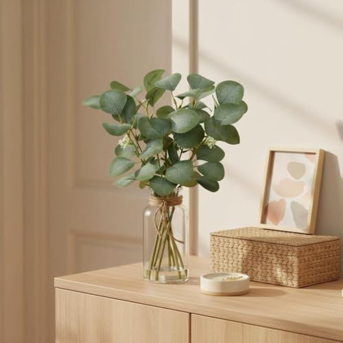 Artificial Eucalyptus Stems Fake Plants in Glass Vase with Faux Water